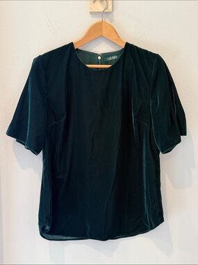 Lauren Ralph Lauren Emerald Velvet Short Sleeve Blouse Flowy Flattering Size 12